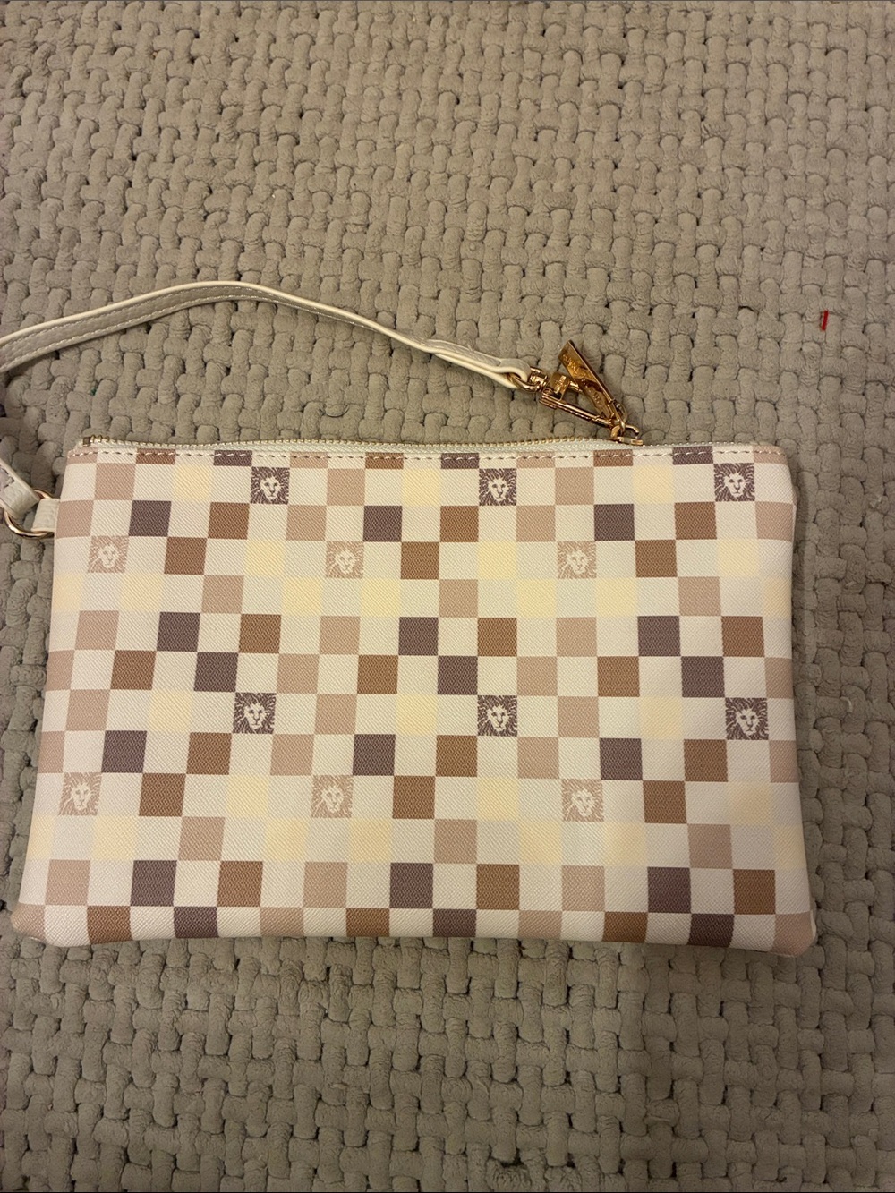 Anne Klein Checkered Wristlet Clutch in Cream, Brown and Tan